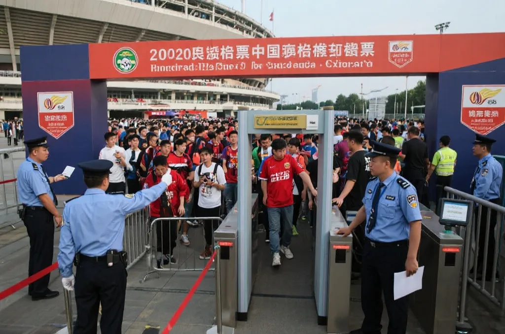 球迷在球场入口通过安检与检票,工作人员指引清晰,人群有序